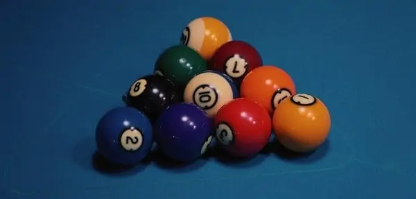 A racked set of billiard balls for 10-ball